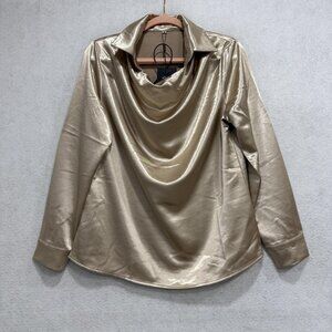 NOYIUS Blouse Womens Medium Gold Satin Cowl Neck Long Sleeve Party Top Shiny